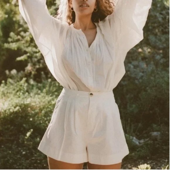 Doen Pants - DÔEN Jade Short, White Cotton Poplin High-Waist Shorts, US 6